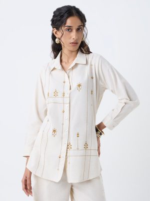 Utsa Beige Embroidered Cotton-Blend Tunic
