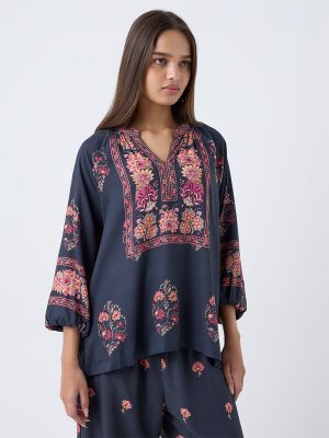 Utsa Black Floral Pattern Tunic