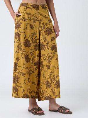 Utsa Mustard Botanical Design Cotton-Blend Palazzos