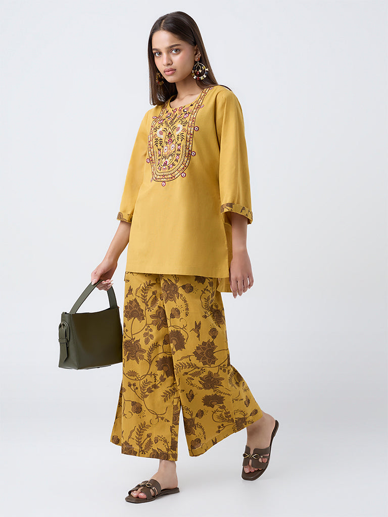 Utsa Mustard Botanical Design Cotton-Blend Palazzos - Image 2