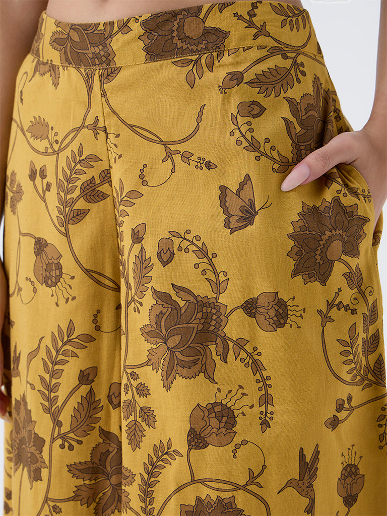 Utsa Mustard Botanical Design Cotton-Blend Palazzos - Image 3