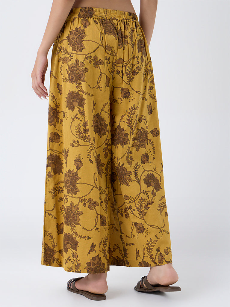 Utsa Mustard Botanical Design Cotton-Blend Palazzos - Image 4