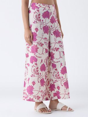 Utsa Off-White Floral Design Cotton-Blend Palazzos