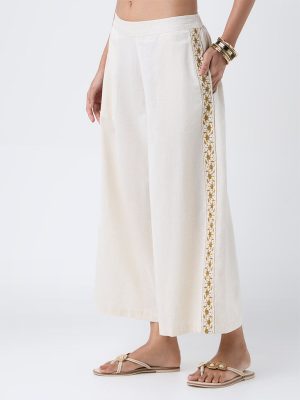 Utsa Beige Embroidered Cotton-Blend Palazzos