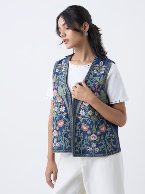 Utsa Indigo Embroidered Cotton-Blend Jacket
