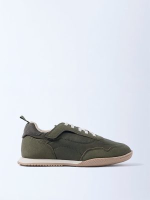 Yellow Olive Suede-Detail Lace-Up Sneakers