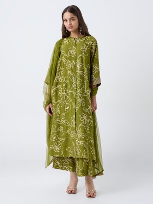 Vark Green Floral Design A-Line Ethnic Set