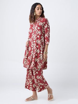 Utsa Red Geometric Printed A-Line Kurta