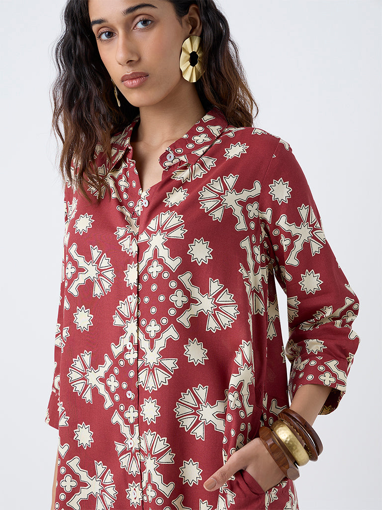 Utsa Red Geometric Printed A-Line Kurta - Image 3