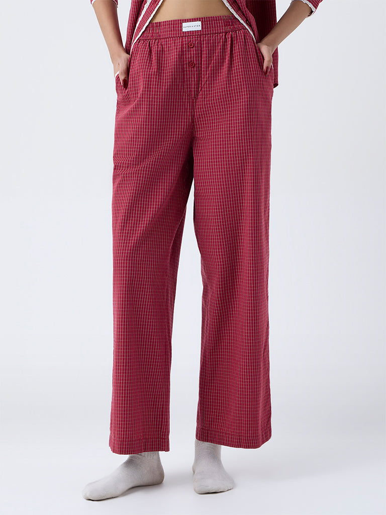 Superstar Red Checkered High-Rise Cotton Pants - Image 2