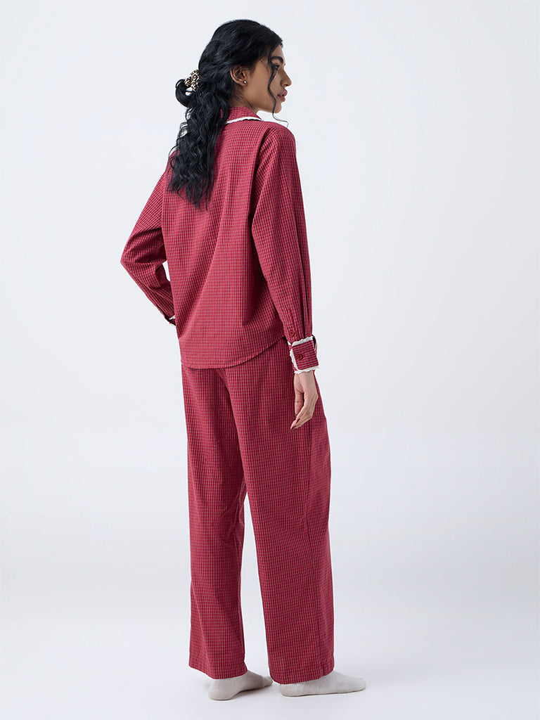 Superstar Red Checkered High-Rise Cotton Pants - Image 4