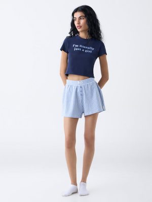 Superstar Blue Checkered Cotton-Blend High-Rise Shorts