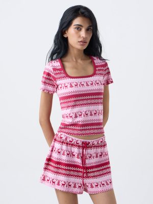 Superstar Red Reindeer Design Cotton-Blend Top