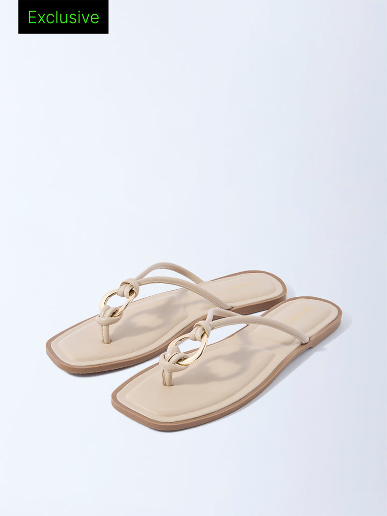 LUNA BLU Beige Ring-Detailed Slides - Exclusive