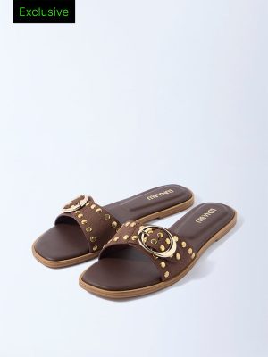 LUNA BLU Brown Stud Detailed Slides - Exclusive