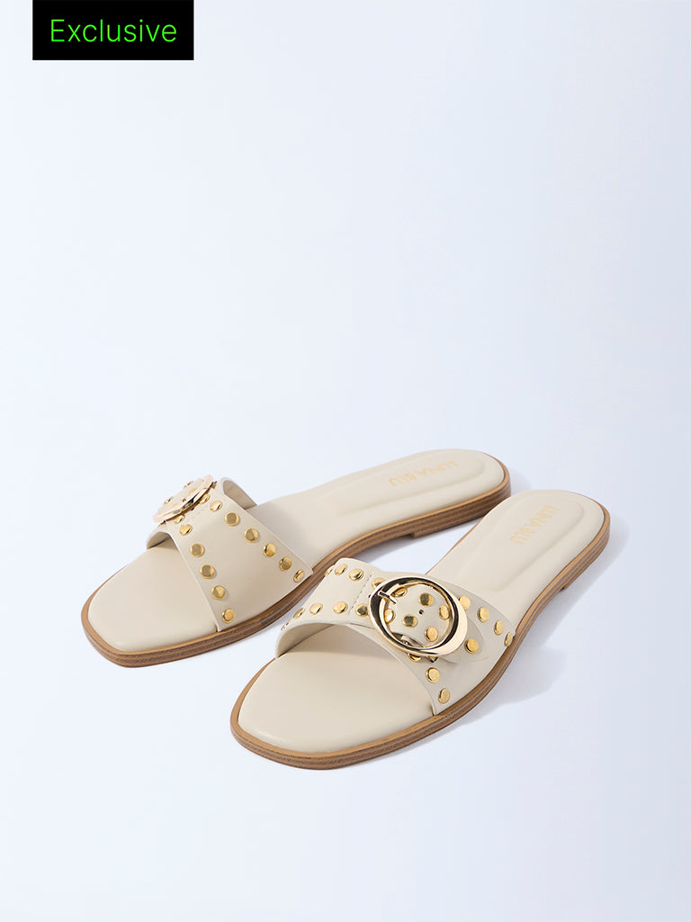 LUNA BLU Ivory Stud-Detailed Slides - Exclusive
