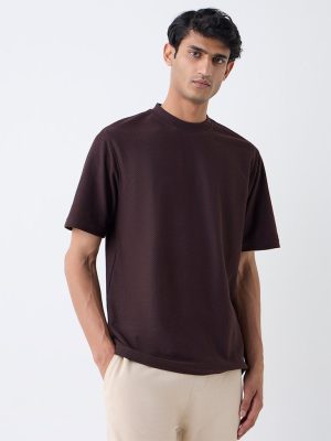 WES Lounge Dark Brown Self-Textured Relaxed-Fit T-Shirt