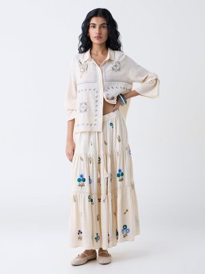 Bombay Paisley Off-White Floral Embroidered Tiered Skirt