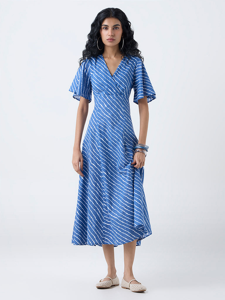 Bombay Paisley Blue Striped Cotton A-Line Dress - Image 2