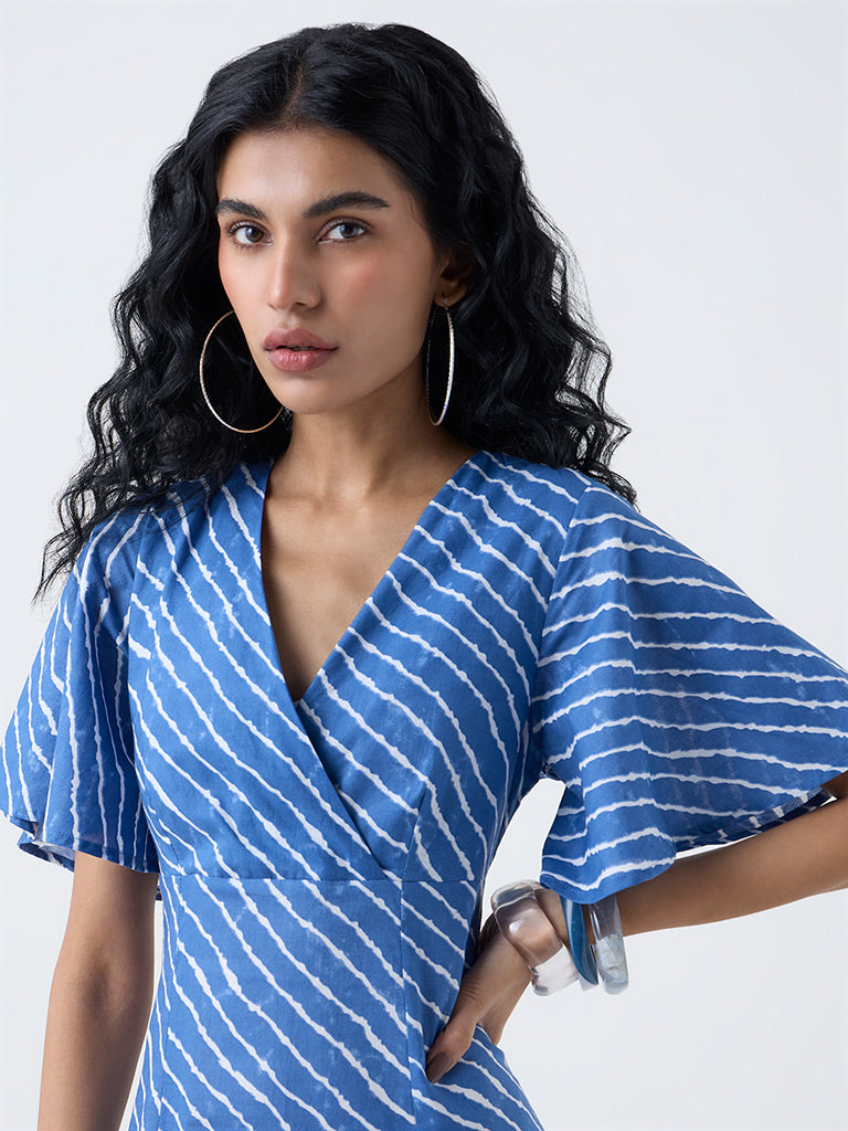 Bombay Paisley Blue Striped Cotton A-Line Dress - Image 3