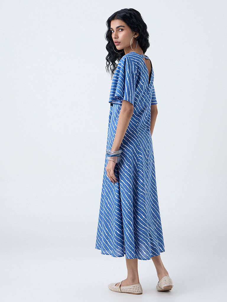 Bombay Paisley Blue Striped Cotton A-Line Dress - Image 4