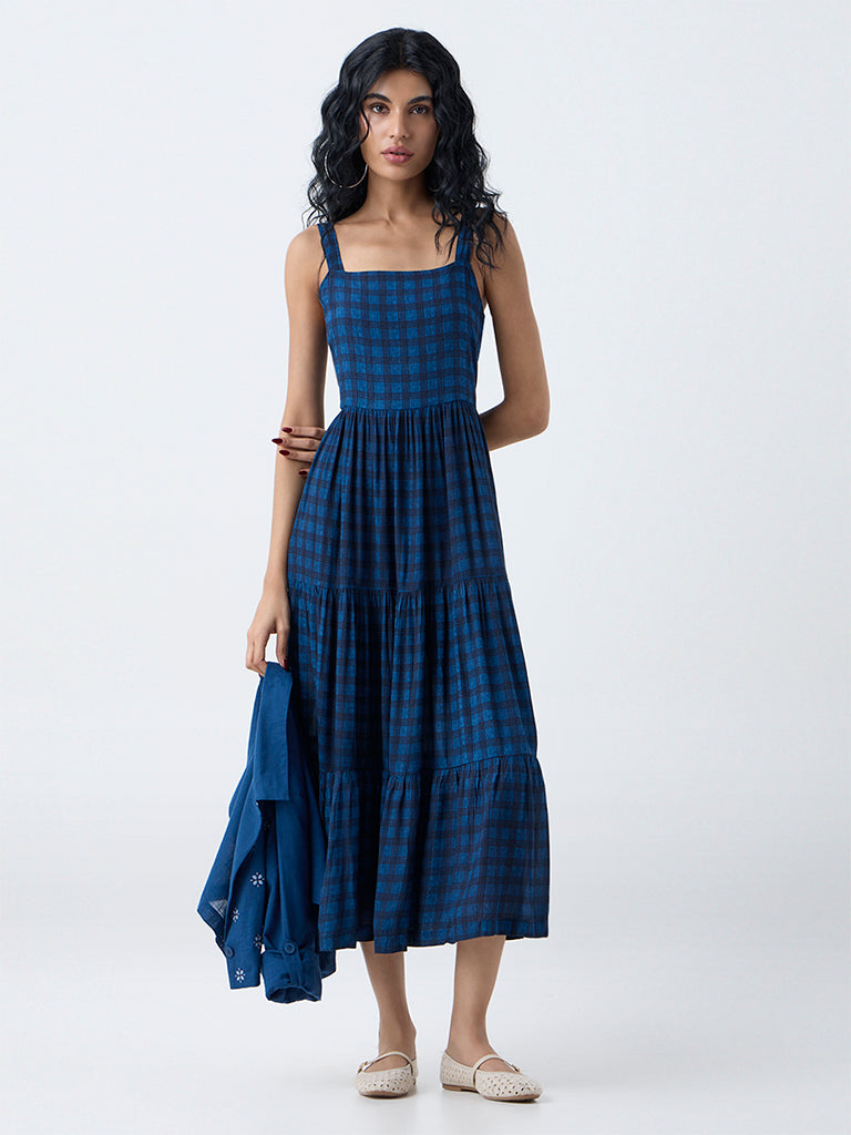 Bombay Paisley Dark Blue Checkered Tiered Dress with Jacket - Image 2