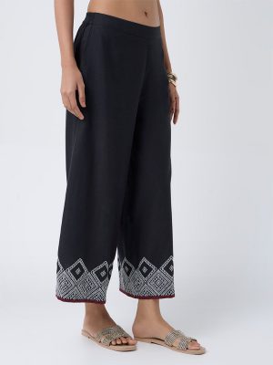 Utsa Black Embroidered Cotton Palazzos