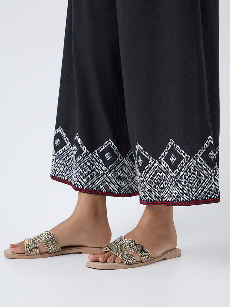 Utsa Black Embroidered Cotton Palazzos - Image 3
