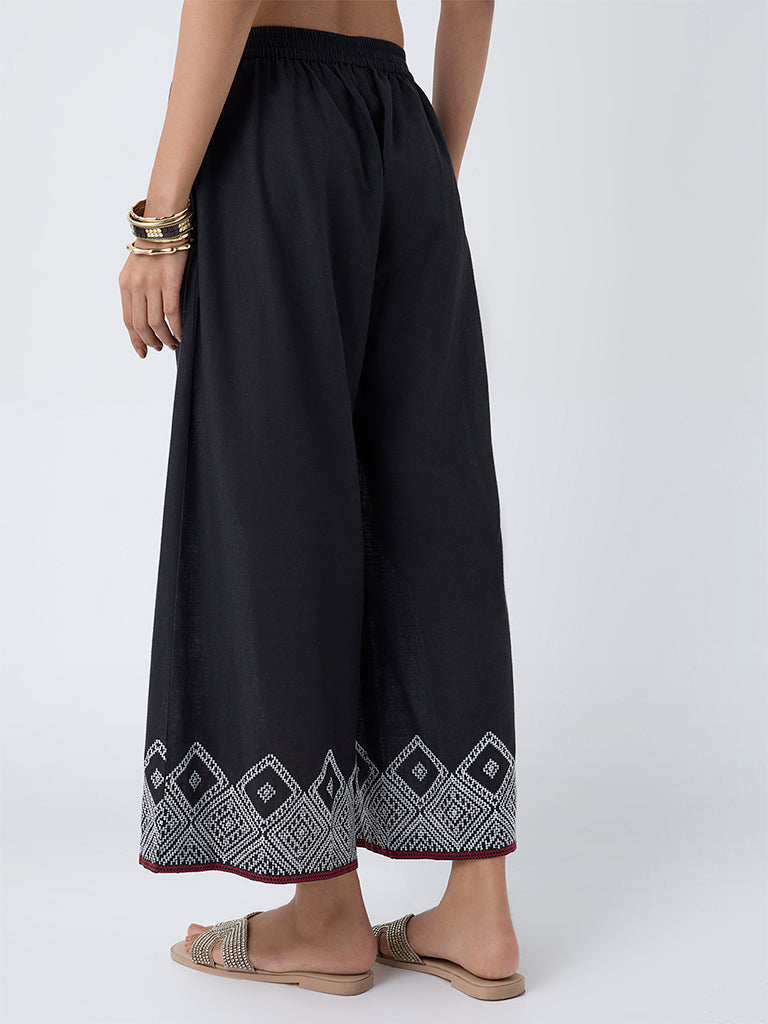 Utsa Black Embroidered Cotton Palazzos - Image 4