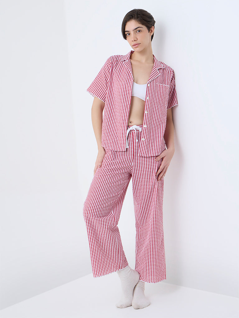Wunderlove Red Checkered Cotton Shirt and Pyjamas Set - Image 3
