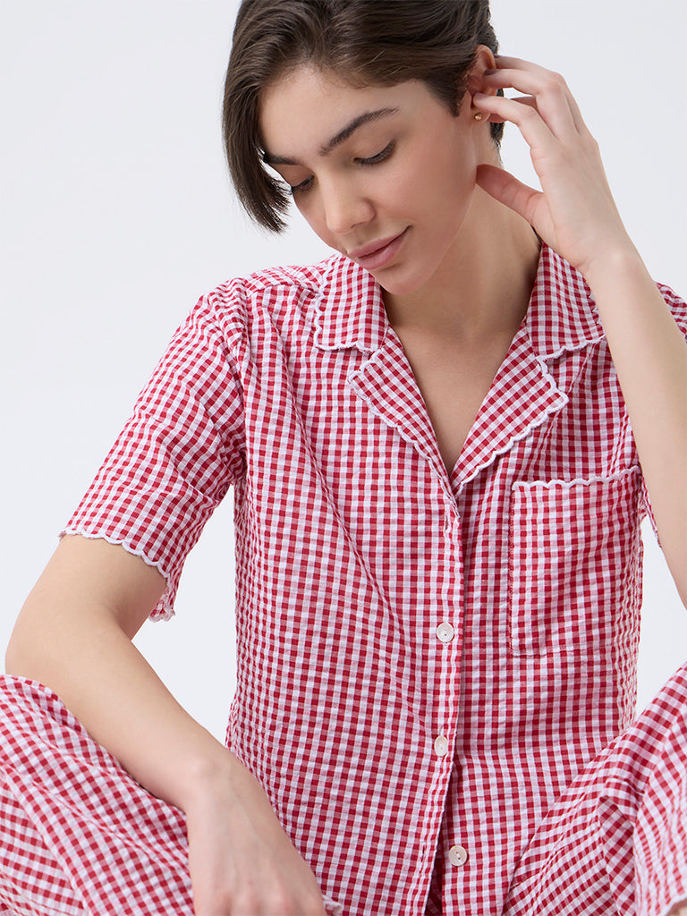 Wunderlove Red Checkered Cotton Shirt and Pyjamas Set - Image 2