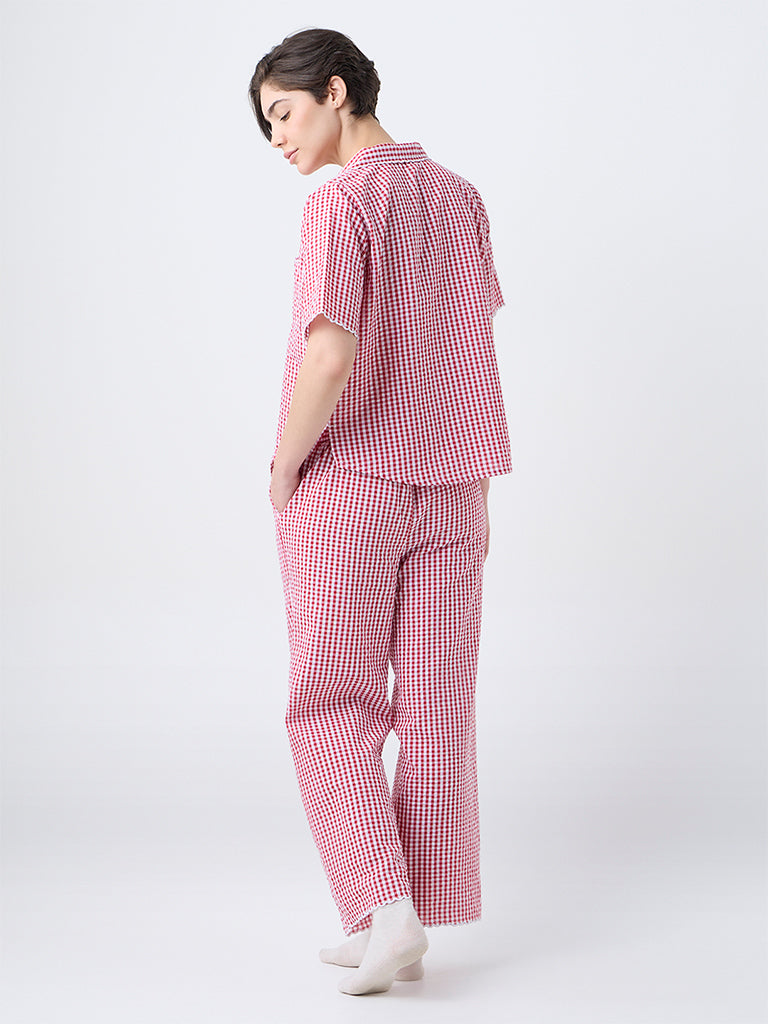 Wunderlove Red Checkered Cotton Shirt and Pyjamas Set - Image 4