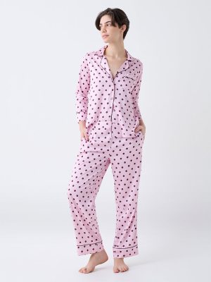 Wunderlove Pink Polka Dotted Satin Shirt with Pyjamas Set