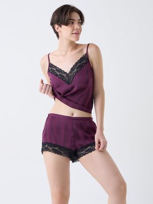 Wunderlove Wine Lace Design High-Rise Satin Shorts