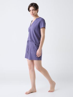 Wunderlove Purple Ribbed High-Rise Cotton-Blend Shorts