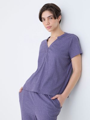 Wunderlove Purple Ribbed-Textured Cotton-Blend Top