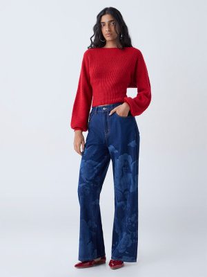 Nuon Blue Printed Relaxed-Fit High-Rise Jeans