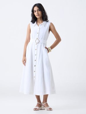 LOV White Crinkle-Textured Cotton Shirt Dress