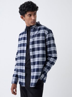 WES Casuals Navy Check Design Relaxed-Fit Cotton Shirt