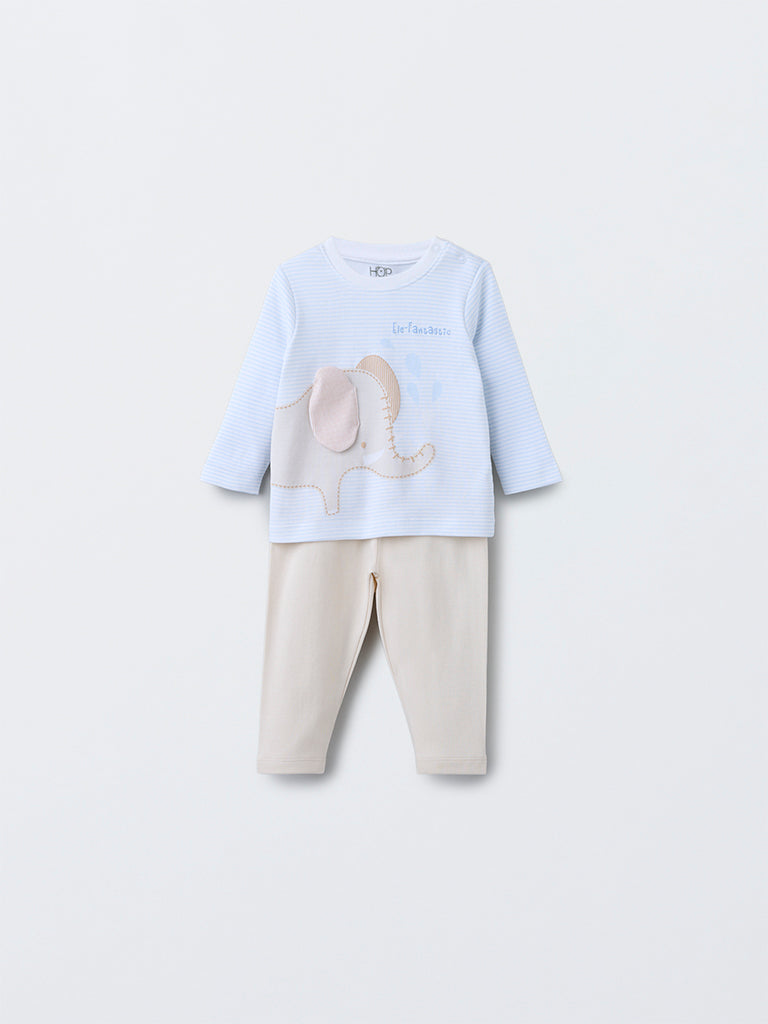 HOP Baby Beige Animal Design Cotton T-Shirt with Pants Set - Image 2