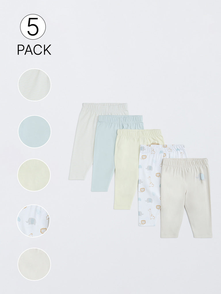 HOP Baby Multicolour Printed Mid-Rise Cotton Pants - Pack of 5
