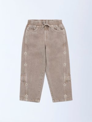HOP Kids Brown Floral Embroidered High-Rise Jeans