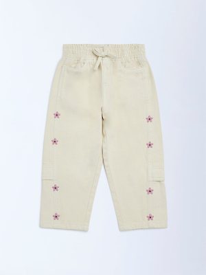 HOP Kids Cream Embroidered Relaxed-Fit High-Rise Jeans