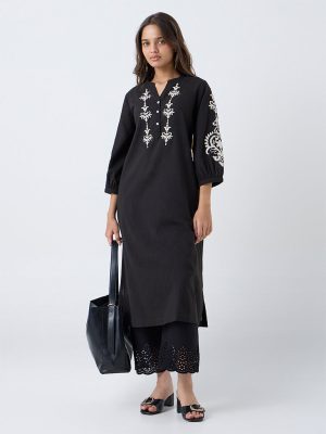 Utsa Black Embroidered Cotton A-Line Kurta