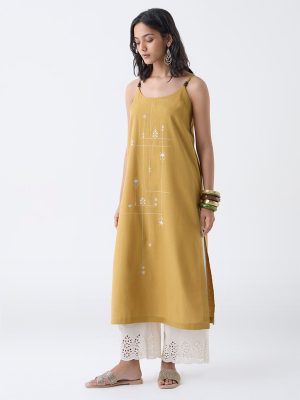 Utsa Mustard Embroidered Cotton-Blend A-Line Kurta