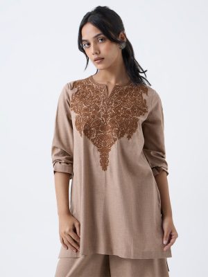 Utsa Light Brown Paisley Embroidered Cotton Tunic