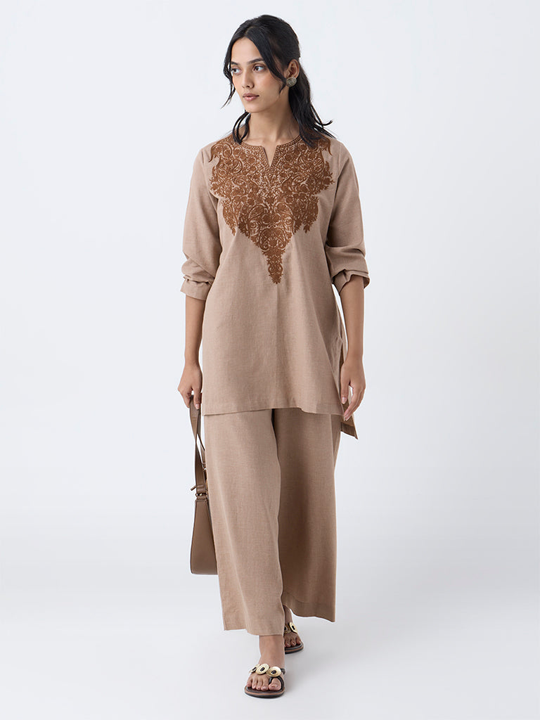 Utsa Light Brown Paisley Embroidered Cotton Tunic - Image 2