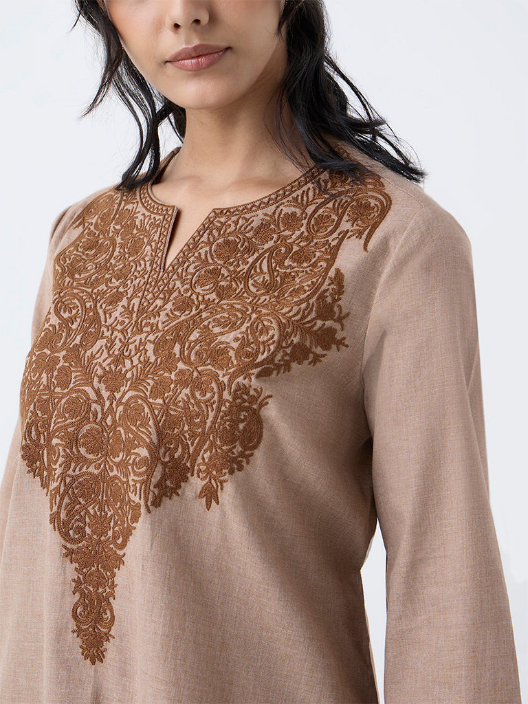 Utsa Light Brown Paisley Embroidered Cotton Tunic - Image 3