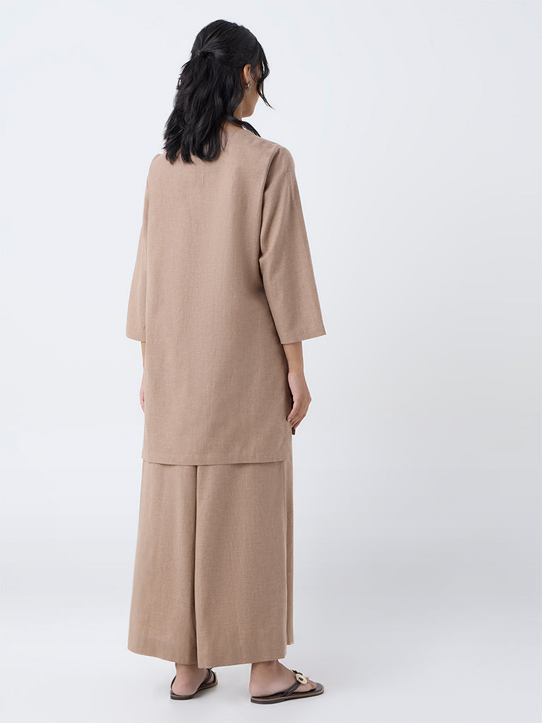 Utsa Light Brown Paisley Embroidered Cotton Tunic - Image 4