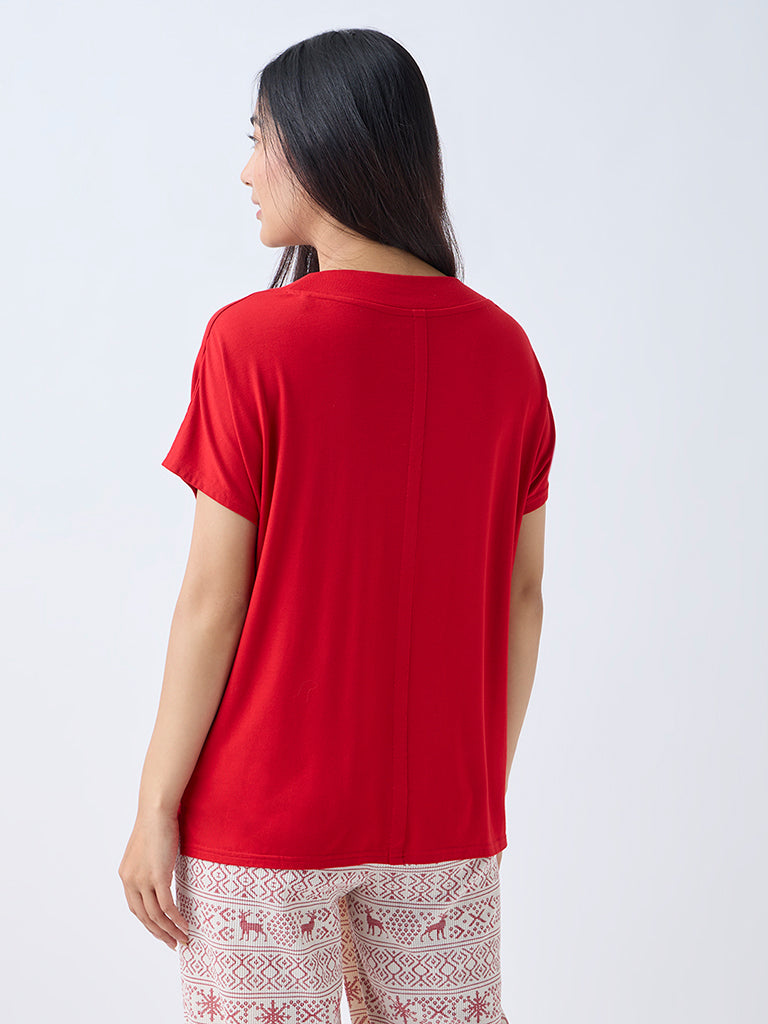Wunderlove Red Solid V-Neck Top - Image 4